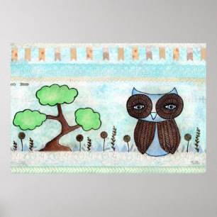 Blue Owl & Lace Mixed Media Painting Poster