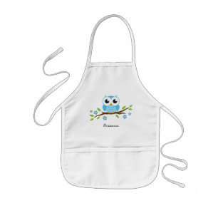Blue owl on branch with flowers personalised name kids apron