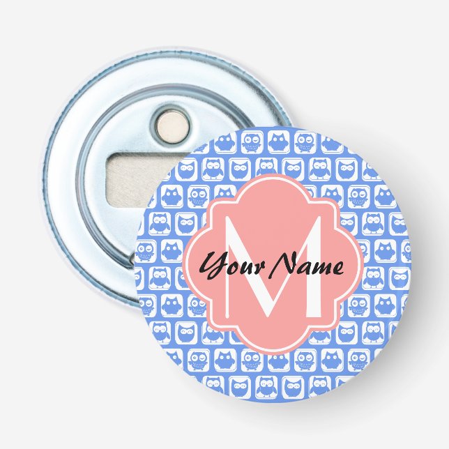 Blue Owl Pattern Coral Monogram Personalised Name Bottle Opener (Front)