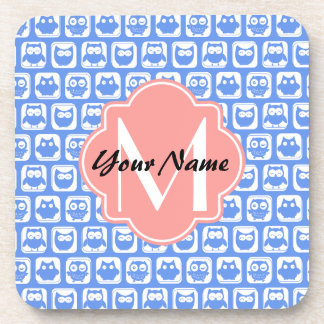 Blue Owl Pattern Coral Monogram Personalised Name Coaster