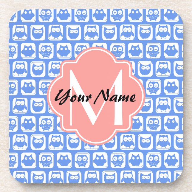 Blue Owl Pattern Coral Monogram Personalised Name Coaster (Front)