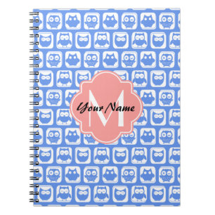 Blue Owl Pattern Coral Monogram Personalised Name Spiral Notebook
