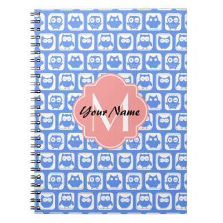 Blue Owl Pattern Coral Monogram Personalised Name Spiral Notebook