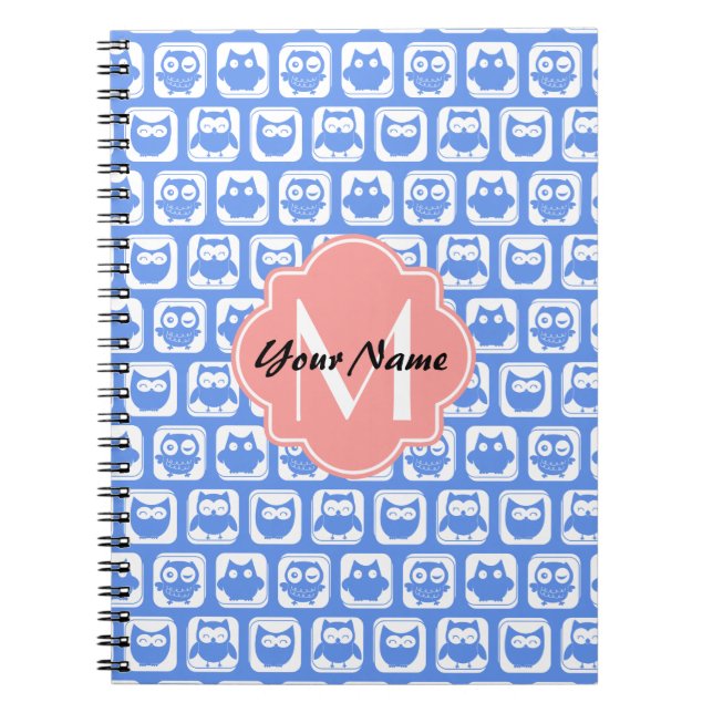 Blue Owl Pattern Coral Monogram Personalised Name Spiral Notebook (Front)