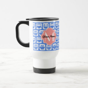 Blue Owl Pattern Coral Monogram Personalised Name Travel Mug