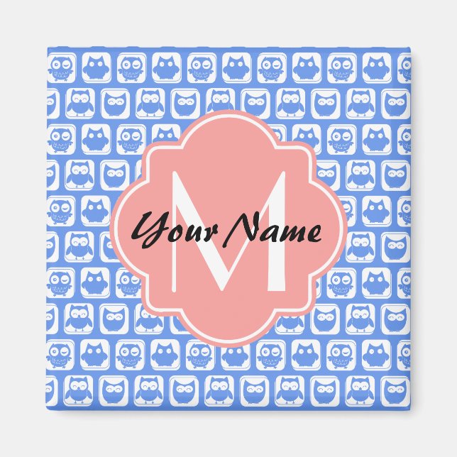 Blue Owl Pattern Coral Monogram Personalized Name Magnet (Front)