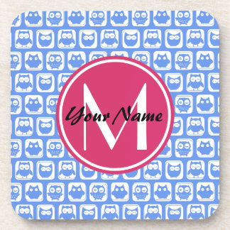Blue Owl Pattern Pink Custom Monogram Personalised Coaster