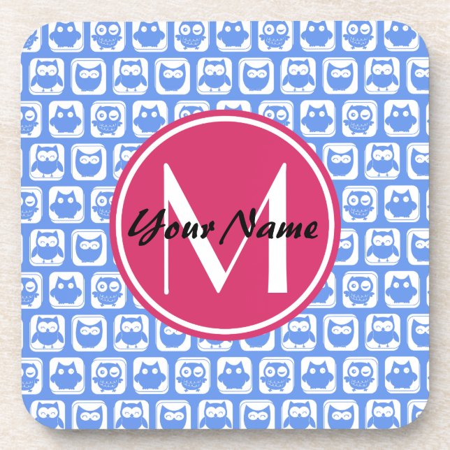 Blue Owl Pattern Pink Custom Monogram Personalised Coaster (Front)
