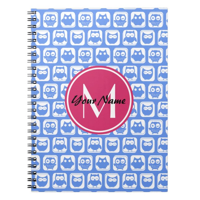 Blue Owl Pattern Pink Custom Monogram Personalised Spiral Notebook (Front)