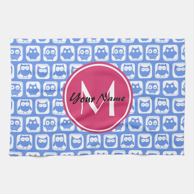 Blue Owl Pattern Pink Custom Monogram Personalised Tea Towel (Horizontal)