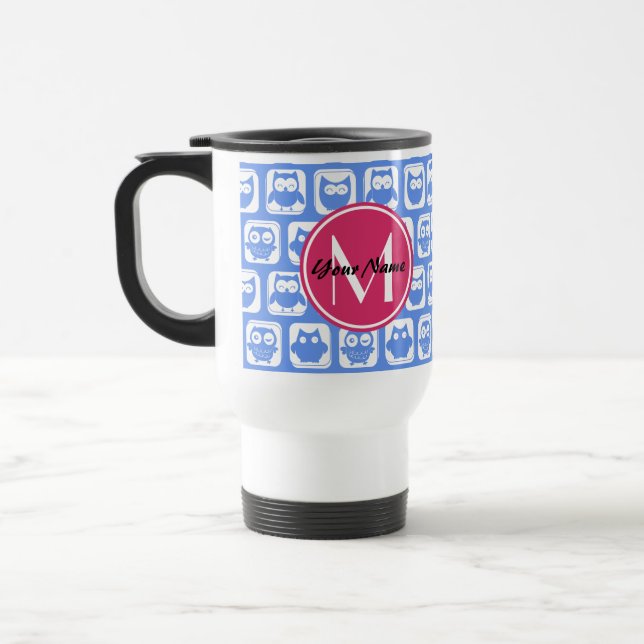 Blue Owl Pattern Pink Custom Monogram Personalised Travel Mug (Left)