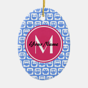Blue Owl Pattern Pink Custom Monogram Personalized Ceramic Tree Decoration