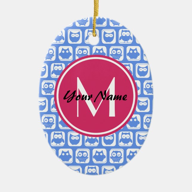 Blue Owl Pattern Pink Custom Monogram Personalized Ceramic Tree Decoration (Front)