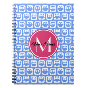 Blue Owl Pattern Pink Custom Monogram Personalized Spiral Notebook