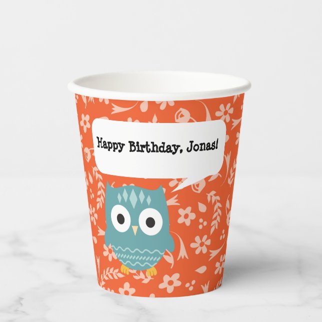 Blue Owl Personalised Paper Party Cup (Front)
