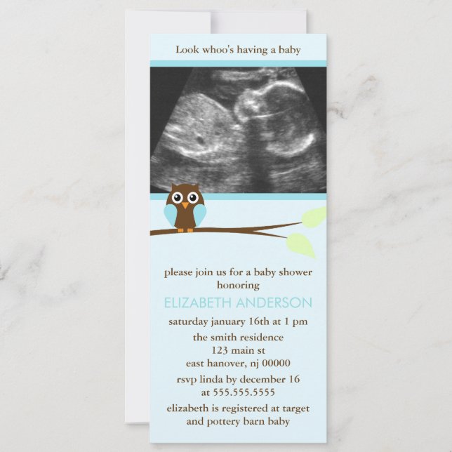 Blue Owl Sonogram Baby Shower Invitations (Front)