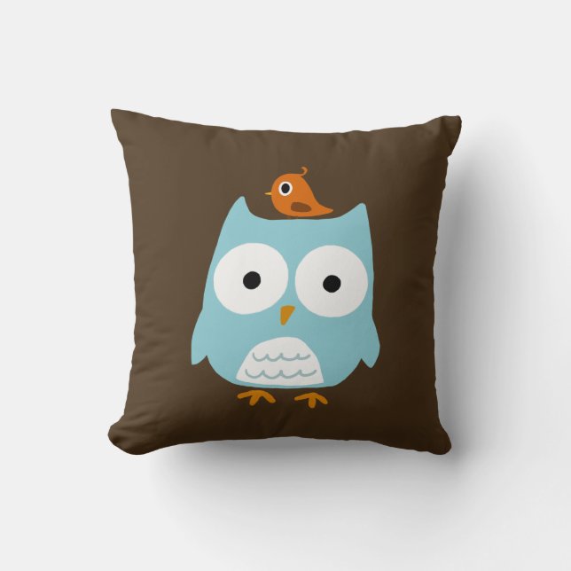 Blue Owl with Little Orange Bird Cushion (Front)