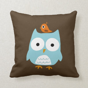 Blue Owl with Little Orange Bird Cushion