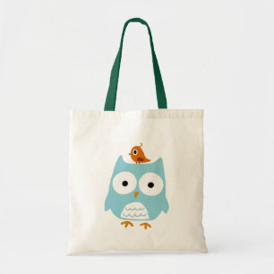 Blue Owl with Little Orange Bird Tote Bag