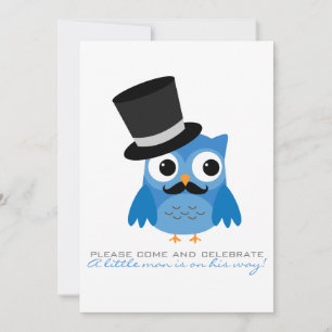 Blue Owl with Moustache Baby Shower Invitation