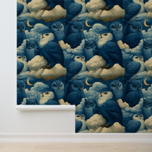 Blue Owls and Starry Night Clouds Nursery Decor Wallpaper