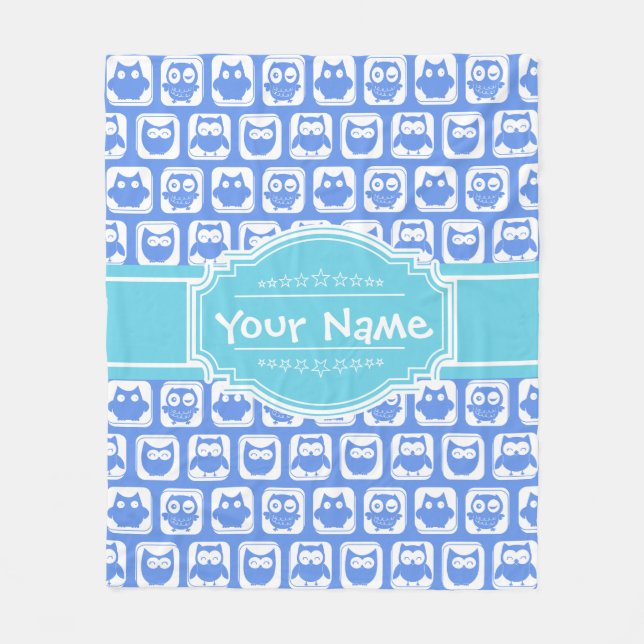 Blue Owls Aqua Personalised Name N#1 Fleece Blanket (Front)