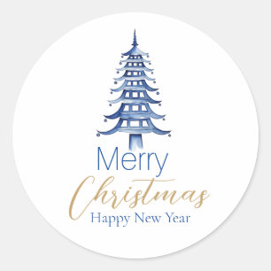 Blue Pagoda Christmas Tree  Classic Round Sticker