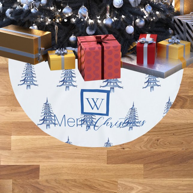 Blue Pagoda Christmas Tree Monogrammed Pattern  Brushed Polyester Tree Skirt (Blue Pagoda Christmas Tree Monogrammed Pattern Brushed Polyester Tree Skirt)