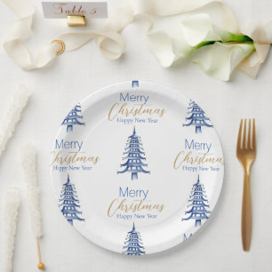 Blue Pagoda Christmas Tree Pattern Paper Plate