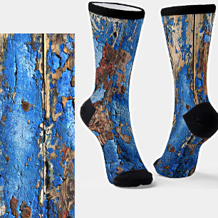Blue Paint Peeling off Wooden Board Illusion Socks