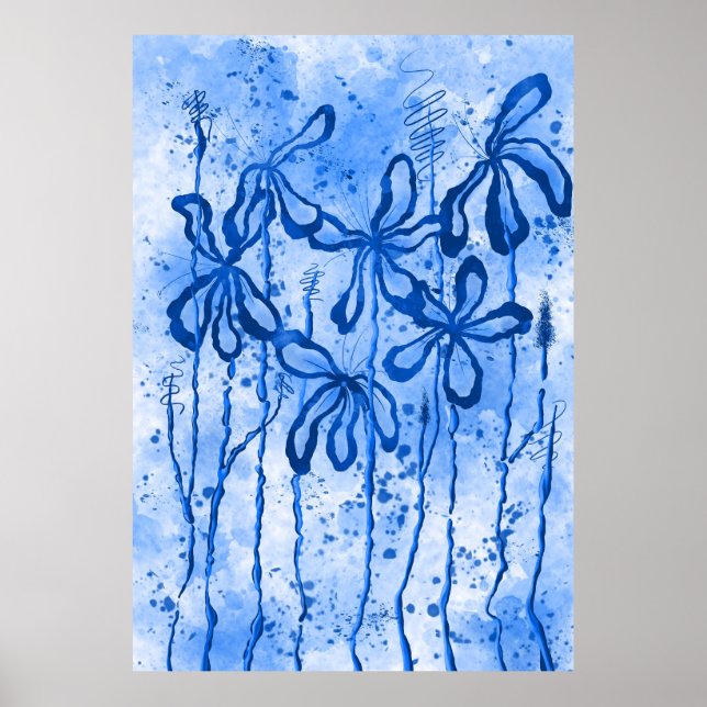 Blue  Paint Splatter & Lilies Poster (Front)