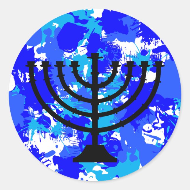 Blue Paint Splatter Menorah Classic Round Sticker (Front)