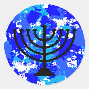 Blue Paint Splatter Menorah Classic Round Sticker
