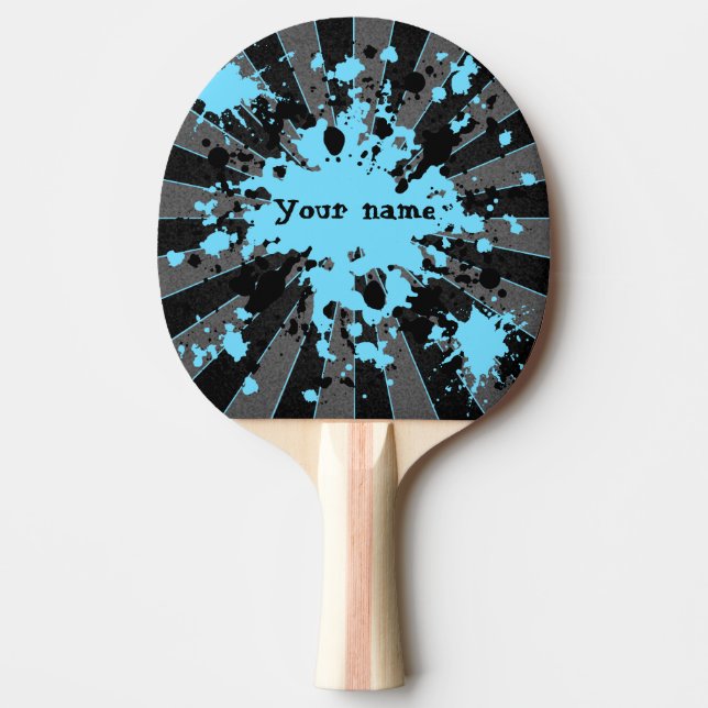 Blue paint splatters black and grey ping pong paddle (Front)