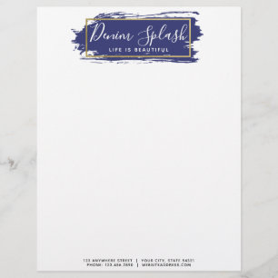 Blue Paint Stroke & Modern Gold Geometric Chic Custom Letterhead