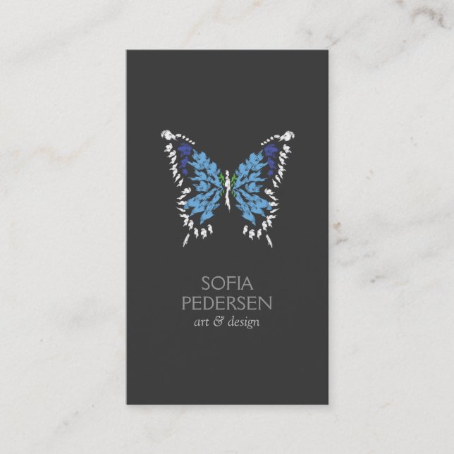 Blue Painted Butterfly Logo on Dark Grey Vertical Business Card (Front)