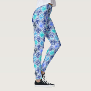 Blue Painted Moroccan Tile Pattern Leggings