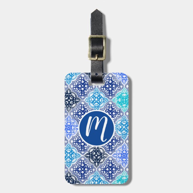 Blue Painted Moroccan Tile Pattern Luggage Tag (Front Vertical)
