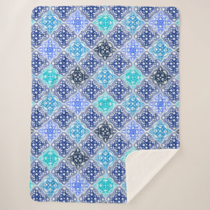 Blue Painted Moroccan Tile Pattern Sherpa Blanket
