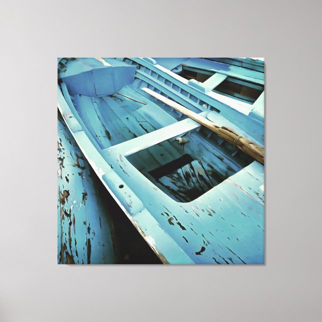 Blue Painted Rustic Wooden Fishing Boats Canvas Print (Front)