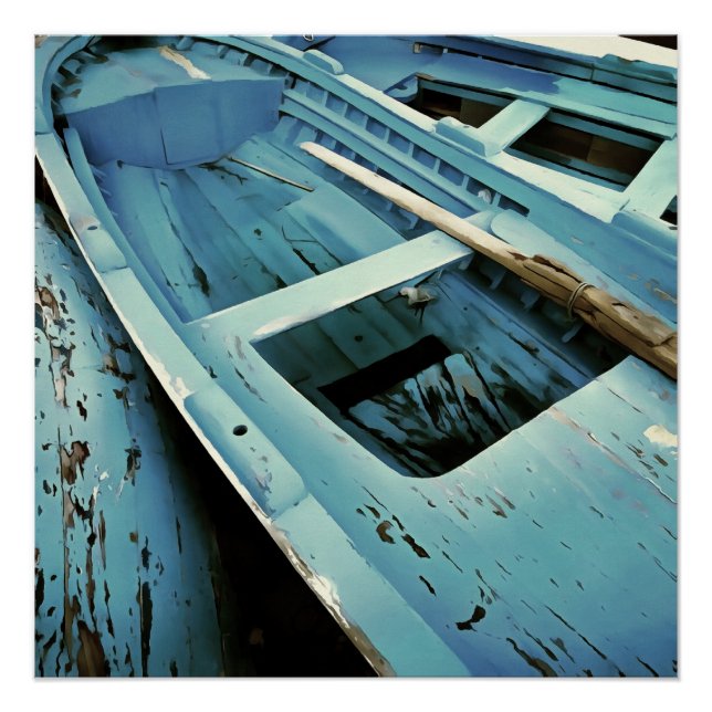 Blue Painted Rustic Wooden Fishing Boats Poster (Front)