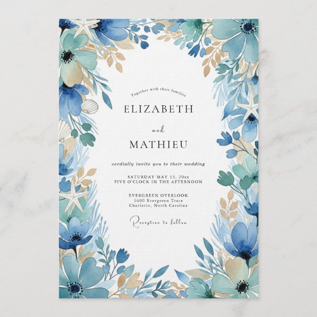 Blue Painterly Floral Enchantment Wedding Invitation (Front)