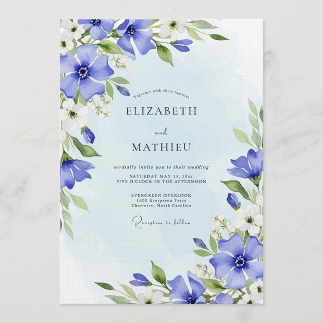 Blue Painterly Floral Whimsy Wedding Invitation (Front)