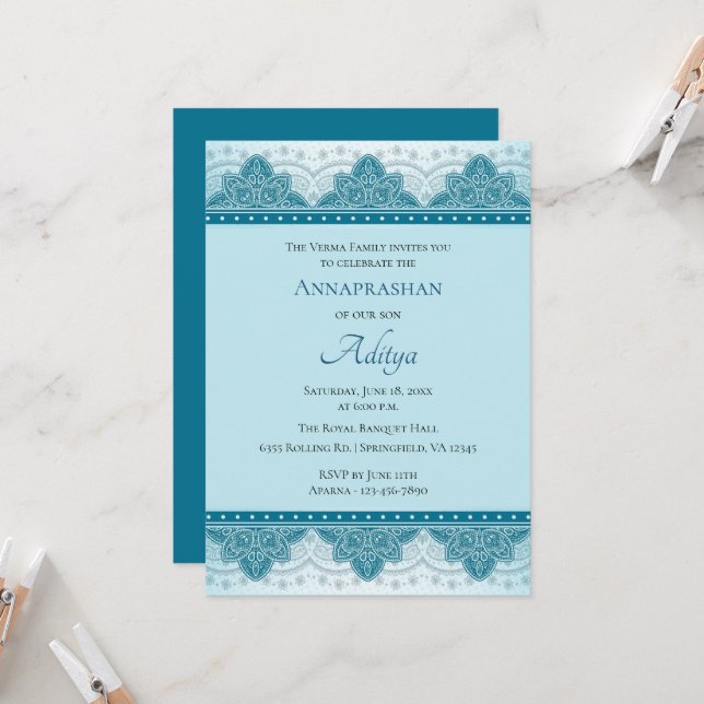 Blue Paisley Annaprashan | First Rice Invitation (Front/Back In Situ)