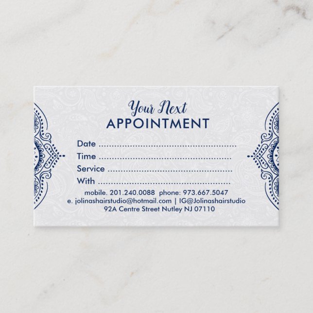 Blue Paisley Mandala Lace Appointment Card (Front)
