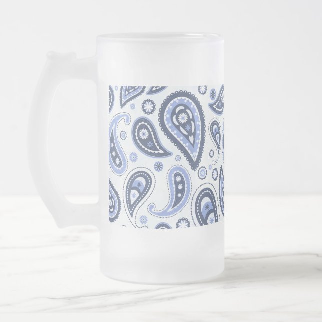 Blue Paisley Pattern Frosted Glass Beer Mug (Left)