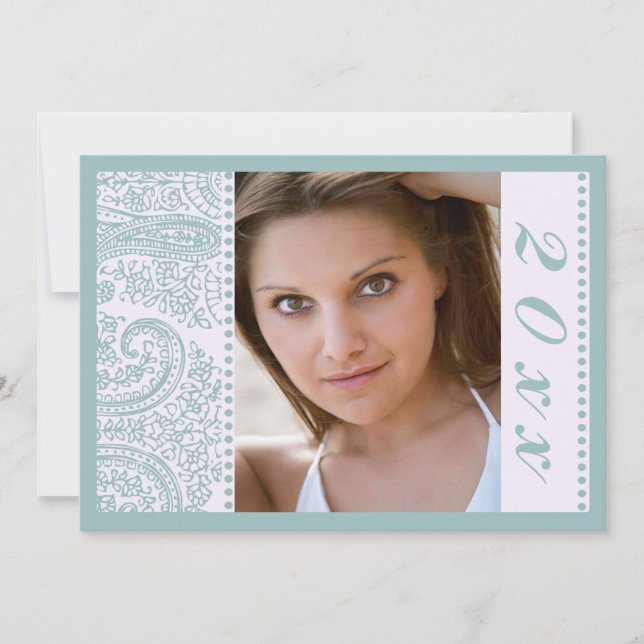 Blue paisley photo graduation party announcement (Front)