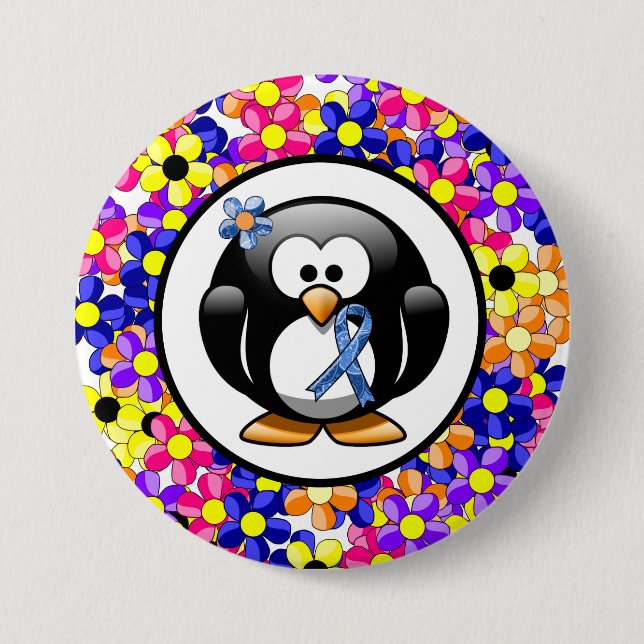 Blue Paisley Ribbon Penguin 7.5 Cm Round Badge (Front)