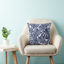 Blue palm leaves cushion