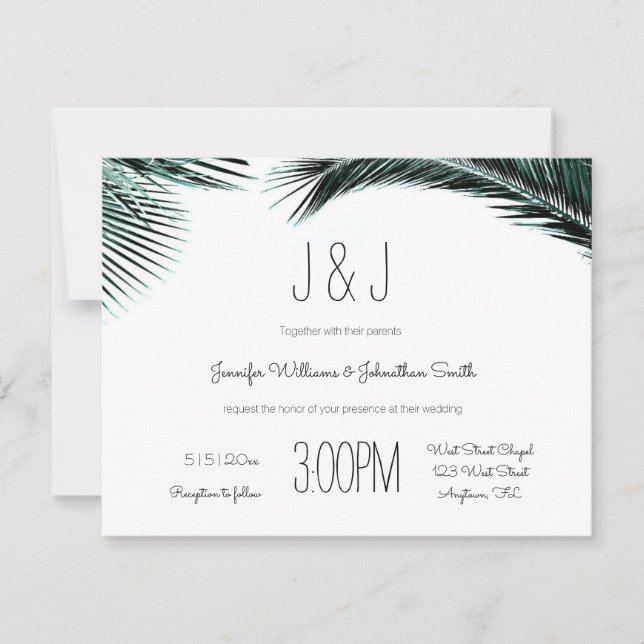 Blue palm leaves destination wedding invitations (Front)